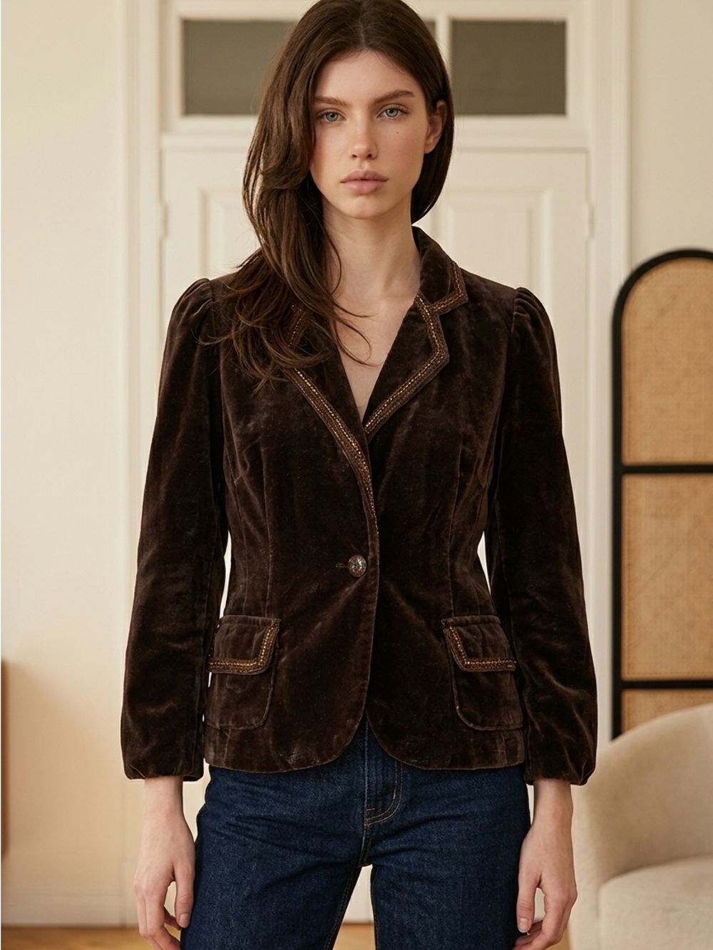 Cotton Candy Y2K Vintage Brown Crushed Velvet Embroidered BoHo Blazer
Jacket-S